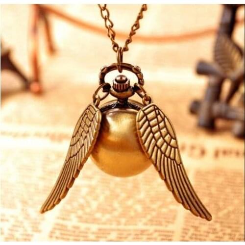 Retro Snitch Ball Shaped Potter Quartz Pocket Watch Fashion Sweater Angel Wings Necklace Chain Gifts for Men Women kids watch