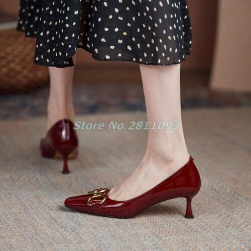 Middle Heel 3.5 CM Dress Women Pumps Sexy Square Toe Slip On Metal Buckle Decor Patent Leather Red White Black Dress Shoes