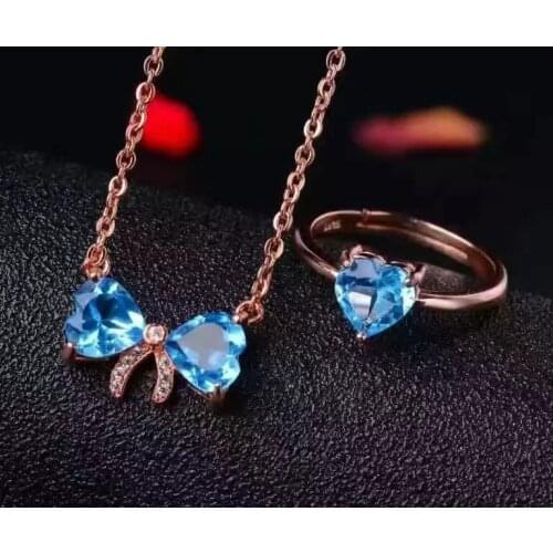 LANZYO 925 sterling silver blue topaz Jewelry Sets Fine Jewelry Ring Necklace Pendant Women Bridal tz070701agb