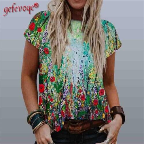 Summer Womens Clothing Flower Printing Tops for Women Loose Short Sleeve O-neck T Shirt Lady Fashion Plus Size Tee Shirt Femme
