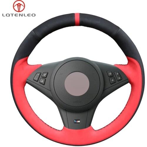 LQTENLEO Hand-stitched Car Steering Wheel Cover Black Red Suede For BMW E60 E61 530d 545i 550i E63 E64 630i 645Ci 650i 2003-2010