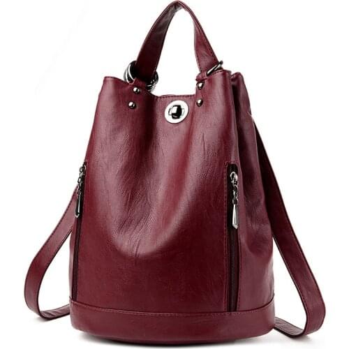 Fashion Women Backpack PU Leather Womens Bucket Shoulder Bag Female Travel Bag Back Pack Multifunctional Backpack Black Daypack