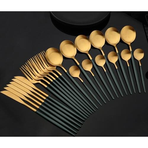 24/48Pcs Green Gold Matte Flatware Cutlery Set Stainless Steel Dinnerware Set Knife Fork Spoon Silverware Tableware Kitchen Set