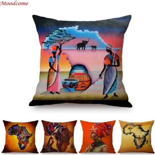 Africa Woman Map Warrior Fair Tale Sofa Throw Pillow Cover Cotton Linen African Art Gallery Decorative Home Chair Cushion Cover