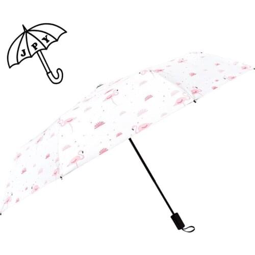 Fully-automatic Flamingo Umbrella 3 Folding Rain Suns Students Parasol Windproof Umbrellas For Men Woman Rain Black Coating