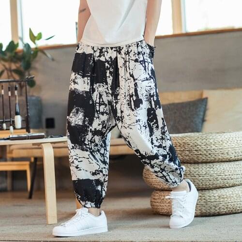 Men Harem Pants Joggers Printed Drawstring Drop-Crotch Trousers Men 2020 Autumn Loose Streetwear Cotton Linen Casual Pants