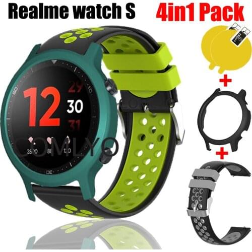 4in1 pack for Realme watch S strap silicone band smart watch bracelet Real me watch s case PC bumper cover+screen protector film