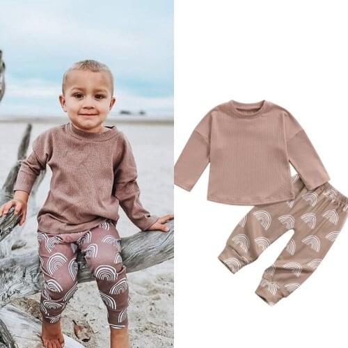 FOCUSNORM Autumn Causal Kids Boys Girls 2pcs Clothes Sets 1-6Y Solid Knit Long Sleeve Sweater Tops Rainbow Printed Pants