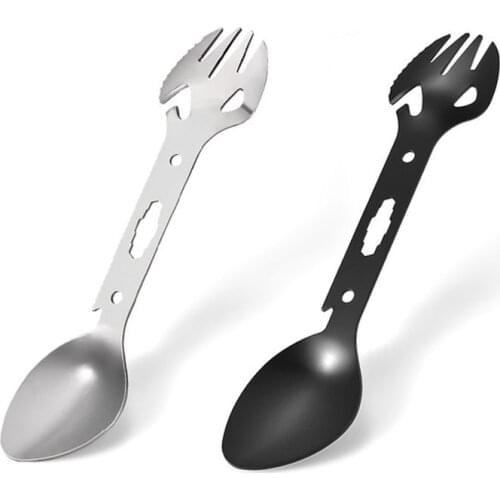 Stainless steel outdoor multi-function fork spoon tableware spoon camping cookware bottle opener wrench harpoon