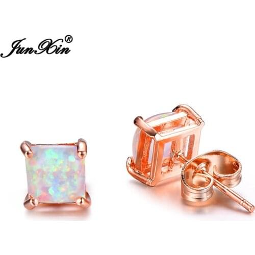 JUNXIN Fashion Female 4/5/6/7mm Square Stud Earrings Boho White Fire Opal Earrings For Women Rose Gold Filled Jewelry