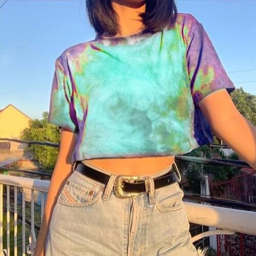 Womens Tie Dye Short Tops Casual Streetwear T-Shirt Tops Round Neck Short Sleeve Outwear Crop Tops Soft Comfortable Simple S M L