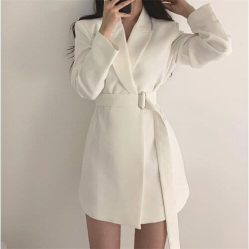 Sashes White Black Womens Suit Lady Fashion Blazers Autumn Spring Slim Korean Style Mid-Length Casual Cotton Women Jacket