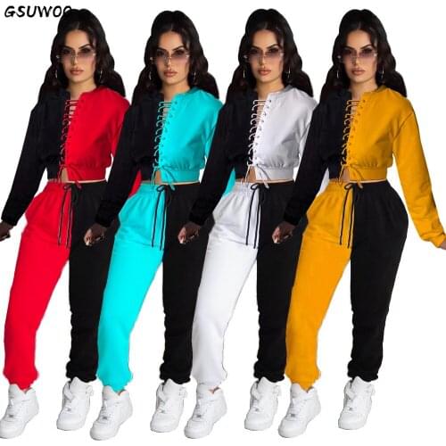 GSUWOO Autumn Women Color Matching Eyelet Bandage Tracksuit Two Piece Set Long Sleeve Crop Top and Pants Sport Outfits Clothes