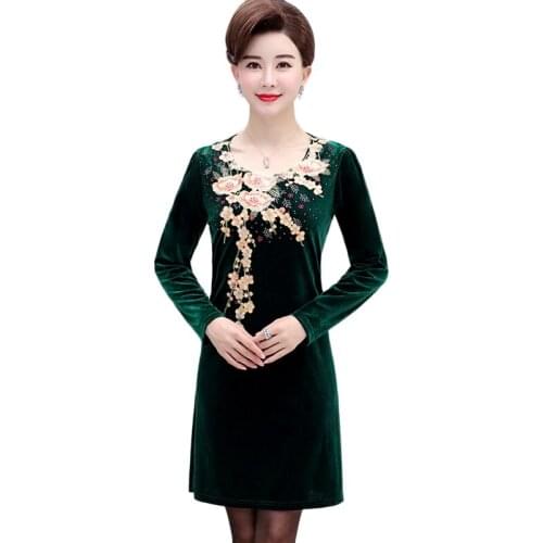 Spring Autumn gold velvet Middle Aged Women Dress embroidery Elegant Plus Size 5XL Ladies Dresses Wedding Party For Vestidos