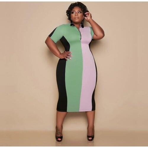 XL-5XL Large Size Contrast Color Bandage Dress Woman Turn Down Collar Short Sleeve Skinny Dress Office Lady Party Clubwear Robe