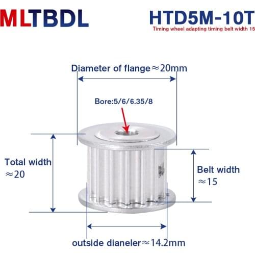 HTD5M 10T Timing Belt Pulley 5/6/6.35/8mm Bore Gear Pulley 10Teeth 5M10T 15mm Width Transmission Pulley Aluminum for CNC Machine