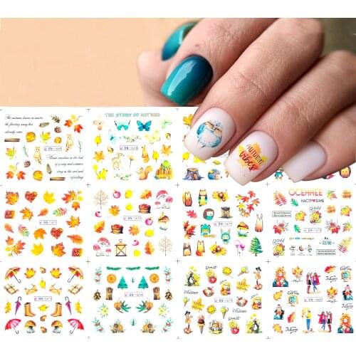 12 style Fall Designs Fallen leaves Nail Art Water Decals Set squirrel/Hedgehog/owl animal Pattern Water Slider Decoration NEW