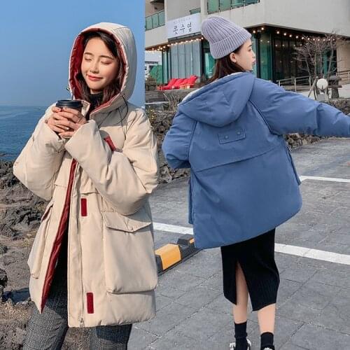 2020 New Winter Hooded Jacket Women Cotton padded Outwear Female Pockets Korean Coat Fashion Ladies Parkas Tops
