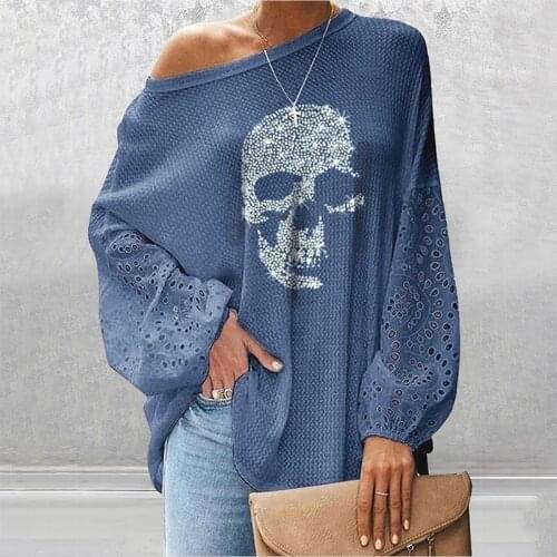 2021 Spring Casual Loose O Neck Glitter Skeleton Long Lantern Sleeve Women Tops Plus Size Clothes Ladies Lounge Shirt Sportswear