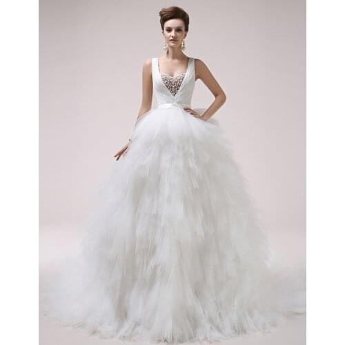 Ivory Ball Gown V-Neck Ruched Tulle Chapel Train Wedding Dress asymmetrical skirt ruffles