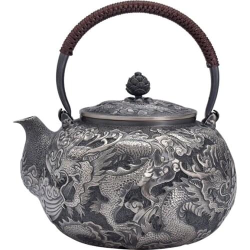 999 sterling silver kettle, hand-carved dragon pattern household kung fu tea set, silver teapot, silverware 711g, 1.3L