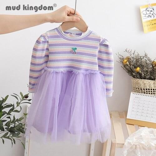 Mudkingdom Little Girls Dress Rainbow Stripes Long Sleeve Mesh Patchwork Dresses for Kids Drop Shoulder Playful Cute Clothes