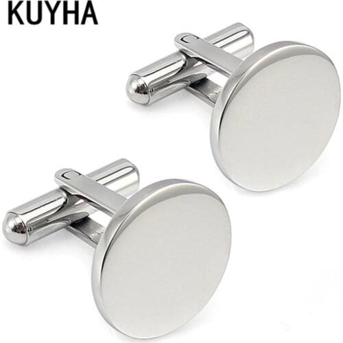 Men Metal Engrave Logo Stainless Steel Round Cufflinks Blanks Silver Color Plain Cuff links Button One Pair