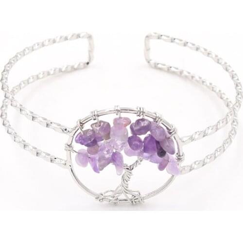 FYSL Silver Plated Wire Wrap Tree of Life Amethysts Stone Open Bangle Red Agates Plant Jewelry