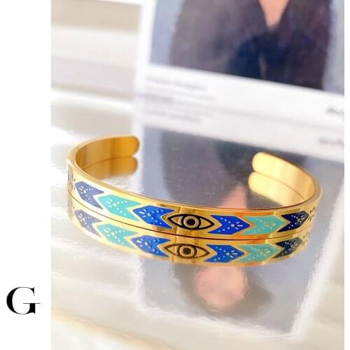 GHIDBK Wholesale Street Style Stainless Steel Delicate Design Colorful Eye Wide Open Bangles Minimalist Geometric Leaf Bracelets