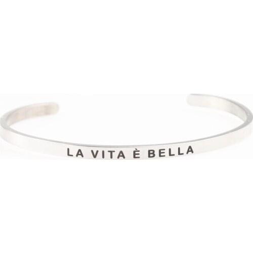 Italian LA VITA E BELLA Stainless Steel Bangle Bracelet 4mm Women Engraved Open Cuff Mantra Bracelet Drop Shipping
