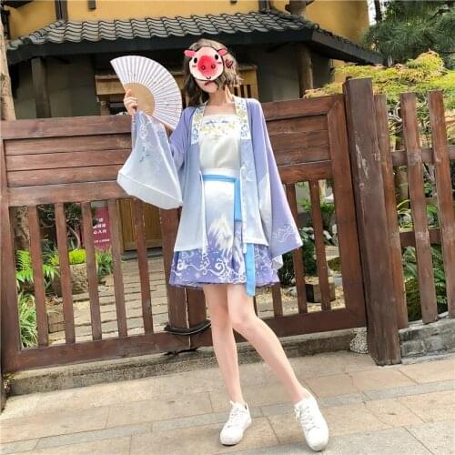 Hanfu Three-Piece Set Girls Improved Chinese Style Traditional Fairy Folk Kimono Summer Short Skirt Suit Chinese Clothes KK3677