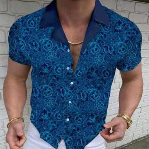 2021 Summer Man Shirt Printed blue Enchantress Short Sleeve Loose Hawaiian Beach Daily Henley Casual Shirt Cs-29