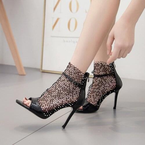 Fashion Glitter Rhinestone Mesh Ankle Sandals Boots High Heels Crystal Sexy Booties Peep Toe Pumps Ladies Party Shoes