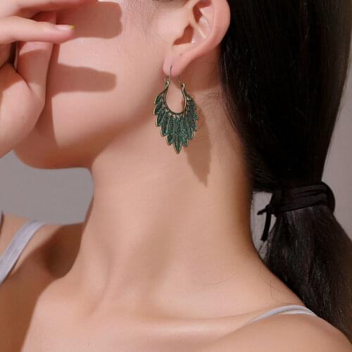 Modyle Vintage Tibet Green Color Big Statement Hollow Carved Geometric Patterns Leaves Tassel Drop Earrings for Women