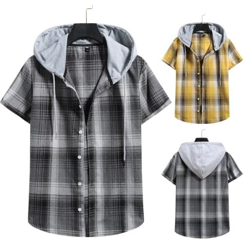 2021 Summer Mens Couple Hooded Checked Short-sleeved Shirts