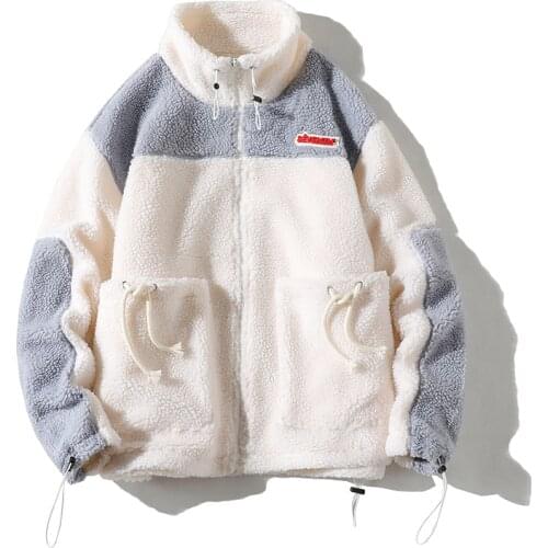 2021 Autumn Winter Hoodie Coat Lamb Wool Men Loose Casual Standing Collar Boys Contrast Color Polar Fleece Jackets