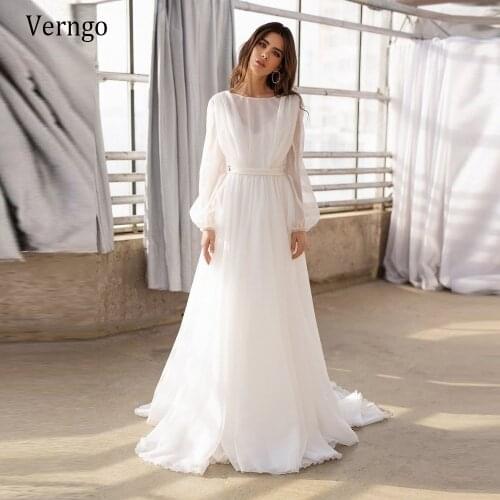 Verngo 2021 Simple A Line Organza Puff Long Sleeves Wedding Dress Country Beach Scoop Neck X Backless Sweep Train Bridal Gowns