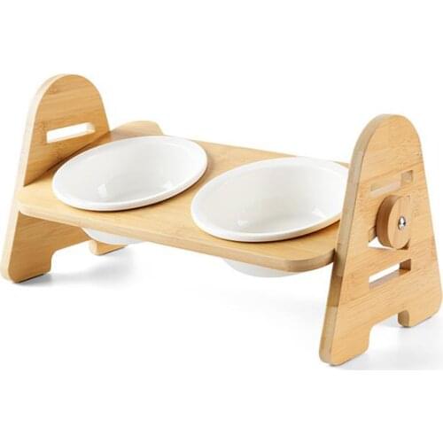 Dog Cat Food Water Feeder Stand Cute Wooden Pet Supplies Ceramics Adjustable Bamboo Frame Bevel Ceramic Dish Bowl