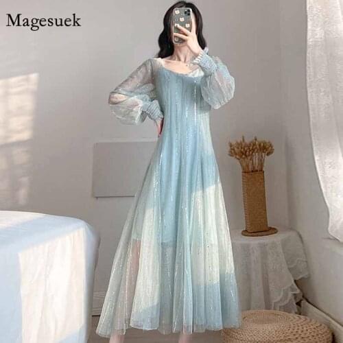 High Waist A-line Mesh Two-Piece Chic Dress Petal Sleeve New 2021 Spring Autumn Long Dress Elegant Long Sleeve Dresses 10123