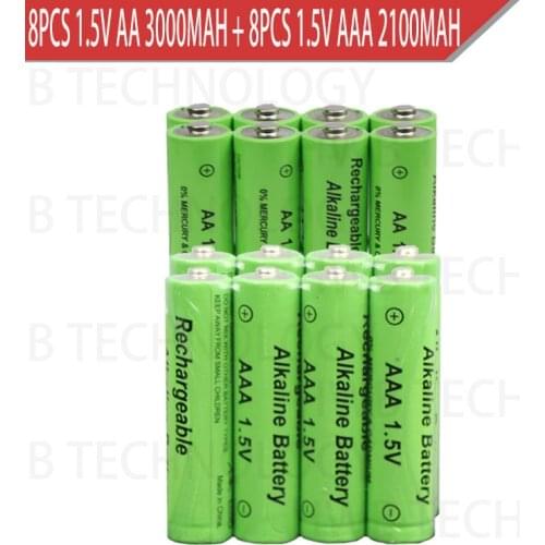 8pcs 1.5V AA 3000mah Alkaline Rechargeable battery + 8pcs 1.5V AAA 2100mAh Alkaline battery for led light toy mp3 Free shipping