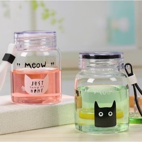 Cute Cat Glass Water Bottle with Straw Creative Fashion Cat Pattern Water Cup for Student Girls Leak-proof Drinkware