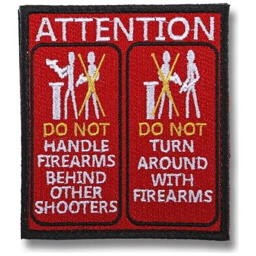 Shooting Range 2 Rules Embroidery Patches DO NOT HANDLE FIREARMS BEHIND OTHER SHOOTERS ATTENTION Badge For Clothes Bag Stickers