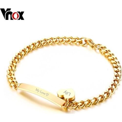 Vnox Charge Personalized Thin ID Tag Heart Bracelet Women Stainless Steel Chain Gold Black