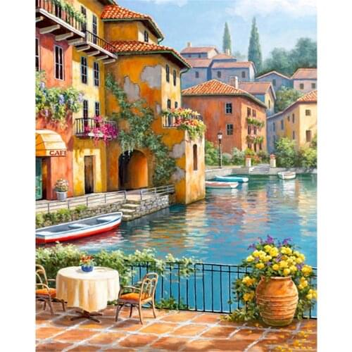 Landscape Seaside Town DIY Cross Stitch 11CT Embroidery Kits Needlework Craft Set Printed Canvas Cotton Thread Home Sell