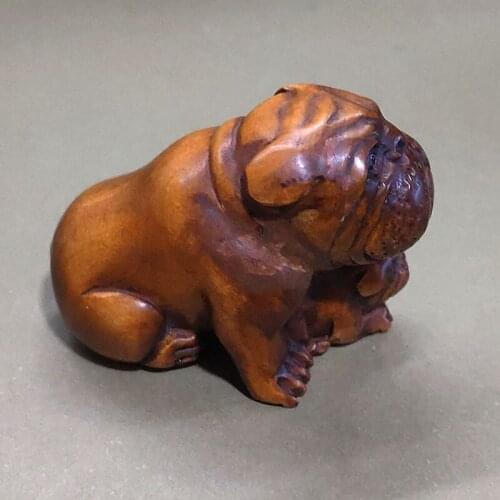 Y7223 - 2" Hand Carved Japanese Boxwood Netsuke Figurine Carving- Bulldog Dog Mom and Pup