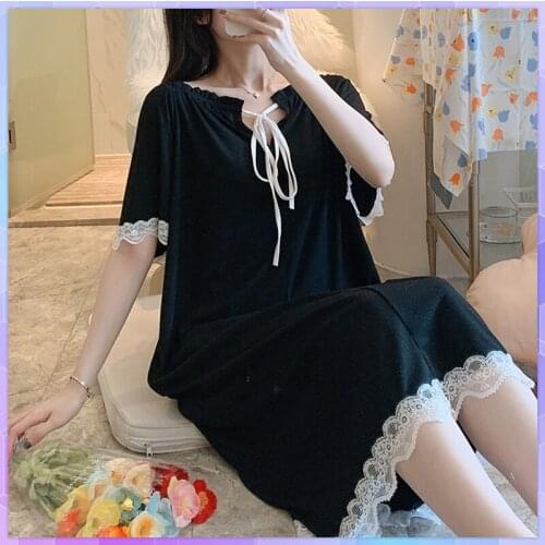 Plus Size 2Xl Women Short Sleeve Homewear Sexy Lace Nightdress Cotton Nightwear Home Dressing Gown Summer Sweet Long Nightgown