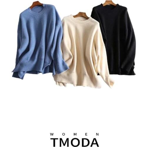 TMODA Za 2021 New Winter Knit Sweater Women Women Fashion Pullover Sweater Oneck Irregular Long Wide Loose Blue Knitted Sweater