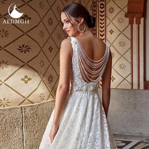 Aedmgh A-Line Romantic Wedding Dresses 2021 V-Neck Sleeveless Vestido De Novia Beading Tassel Lace Appliques Robe De Mariee