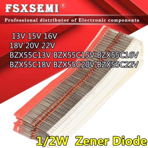 100pcs 1/2W Zener Diode 0.5W 13V 15V 16V 18V 20V 22V BZX55C13V BZX55C15V BZX55C16V BZX55C18V BZX55C20V BZX55C22V