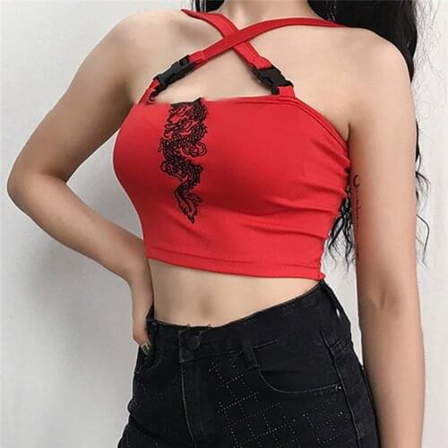 Fashion Women Sexy Hot Summer Buckle Vest Boob Tube Crop Top Bralet Sheer Dragon Embroidery Stylish Cami Tank Top
